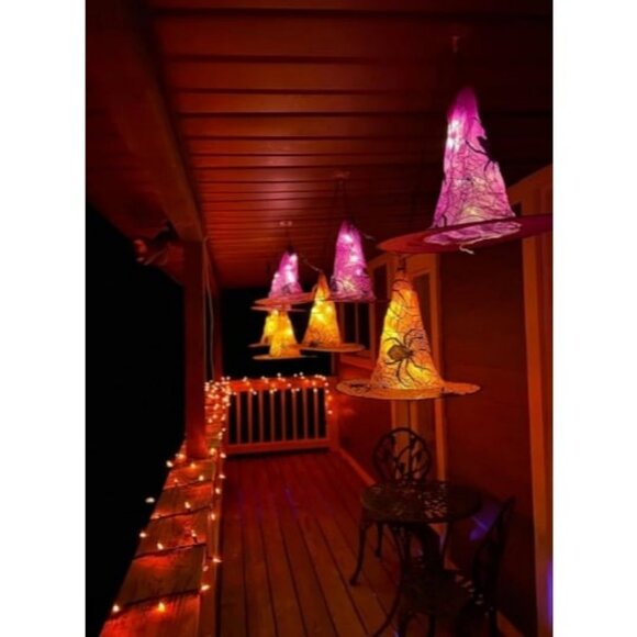 Halloween Decor Lights, 8 PCS Waterproof Hanging Witch Hat with String Lights - Picture 1 of 2